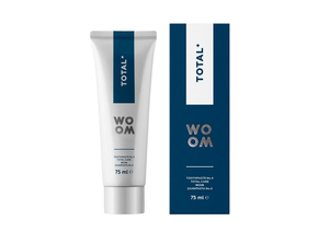 WOOM Total+ – wybielająca pasta do zębów o kompleksowym działaniu z hydroksyapatytem, 75 mlKompleksowa pasta do zębów WOOM Total+ – wsparcie dla zdrowych zębów i dziąseł