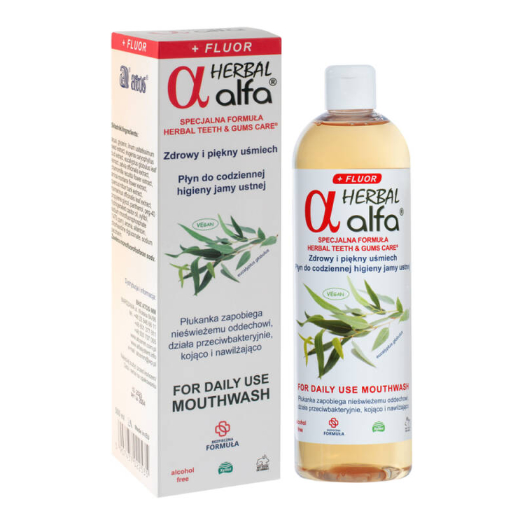 Płyn ALFA Herbal FLUOR+ 500ml - ziołowy płyn do płukania jamy ustnej z fluorem
